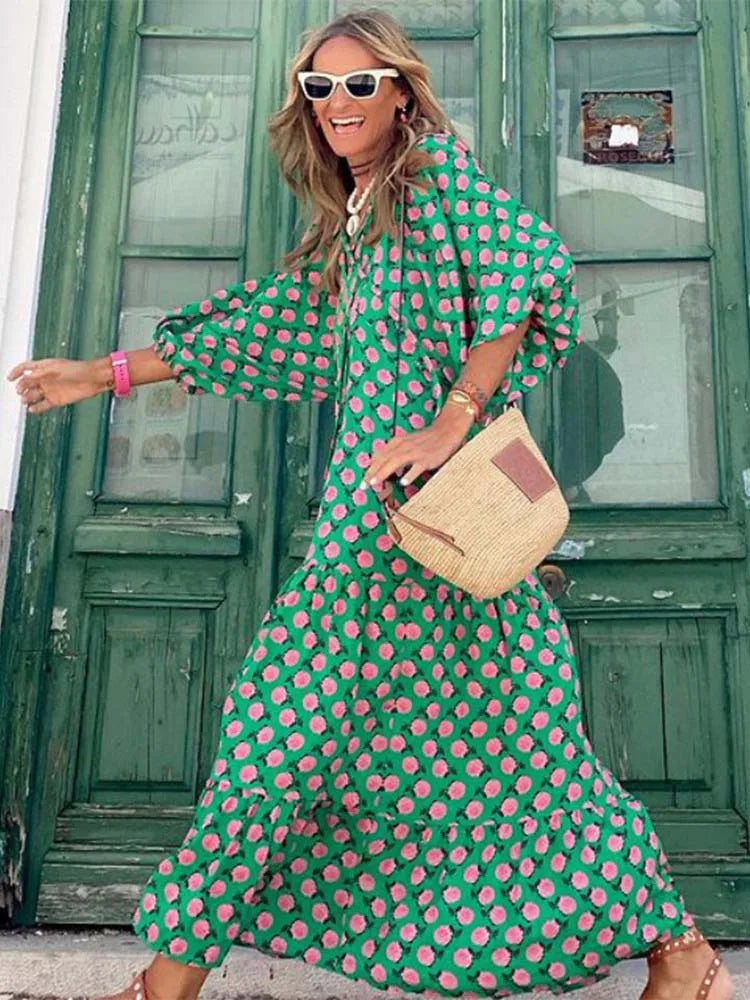 Half Bubble Sleeves V-Neck Fashion Print Boho Dress