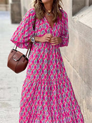 Half Bubble Sleeves V-Neck Fashion Print Boho Dress