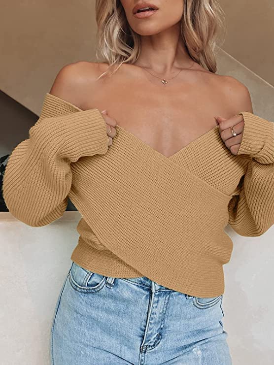 WomenLong Sleeve Wrap Casual Off Shoulder Crop Knitted Pullover Sweater