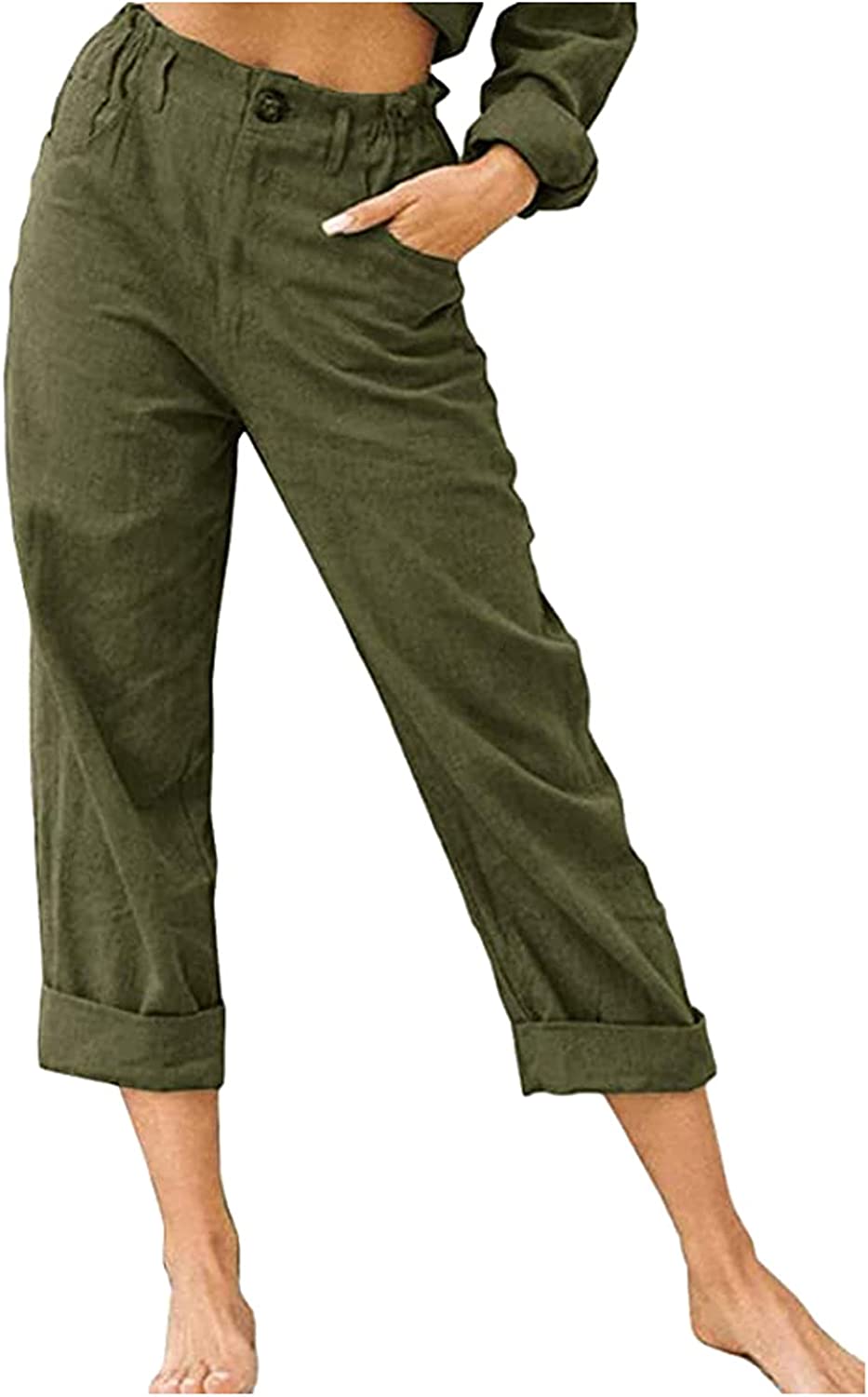 Beach Linen Shorts 3/4 Sweatpants Capri Pants Elastic Waist Cropped Harem Pants