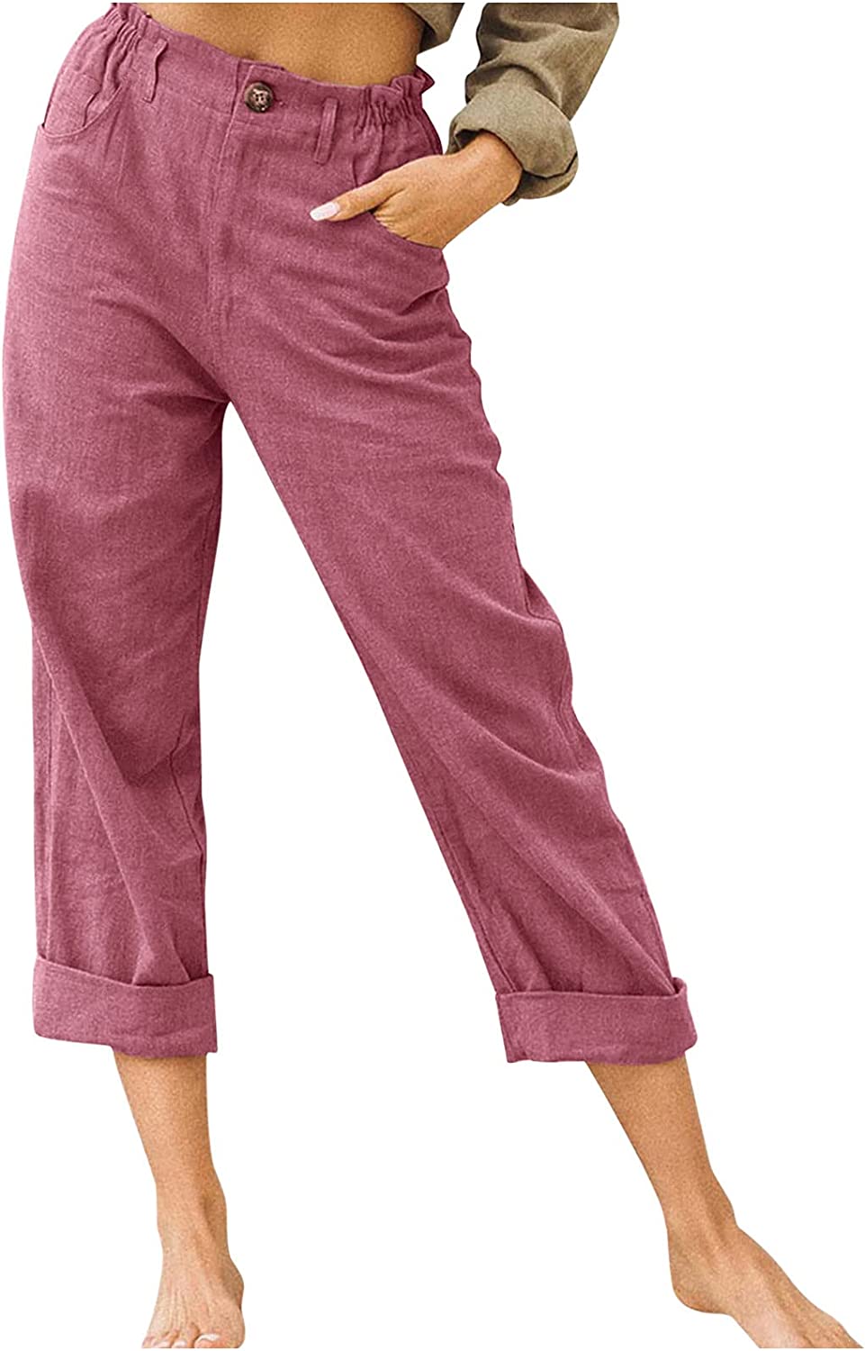 Beach Linen Shorts 3/4 Sweatpants Capri Pants Elastic Waist Cropped Harem Pants