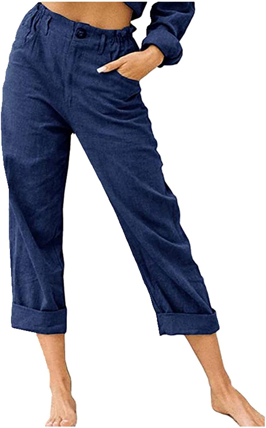 Beach Linen Shorts 3/4 Sweatpants Capri Pants Elastic Waist Cropped Harem Pants