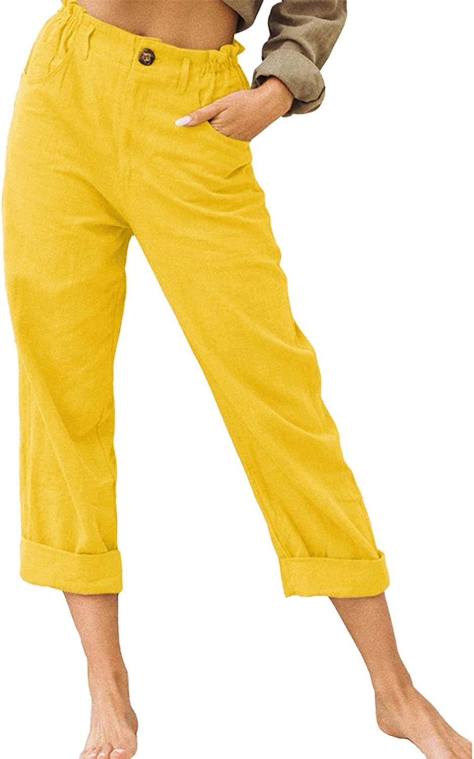 Beach Linen Shorts 3/4 Sweatpants Capri Pants Elastic Waist Cropped Harem Pants