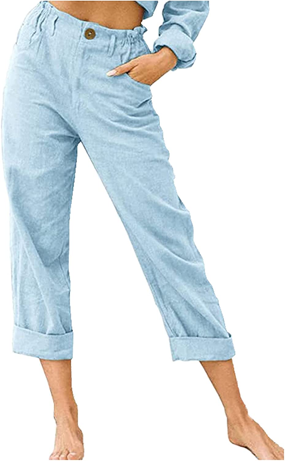 Beach Linen Shorts 3/4 Sweatpants Capri Pants Elastic Waist Cropped Harem Pants