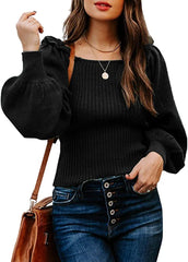 Sweaters Casual Long Lantern Sleeve Square Neck Ruffle Knit Pullovers Tops