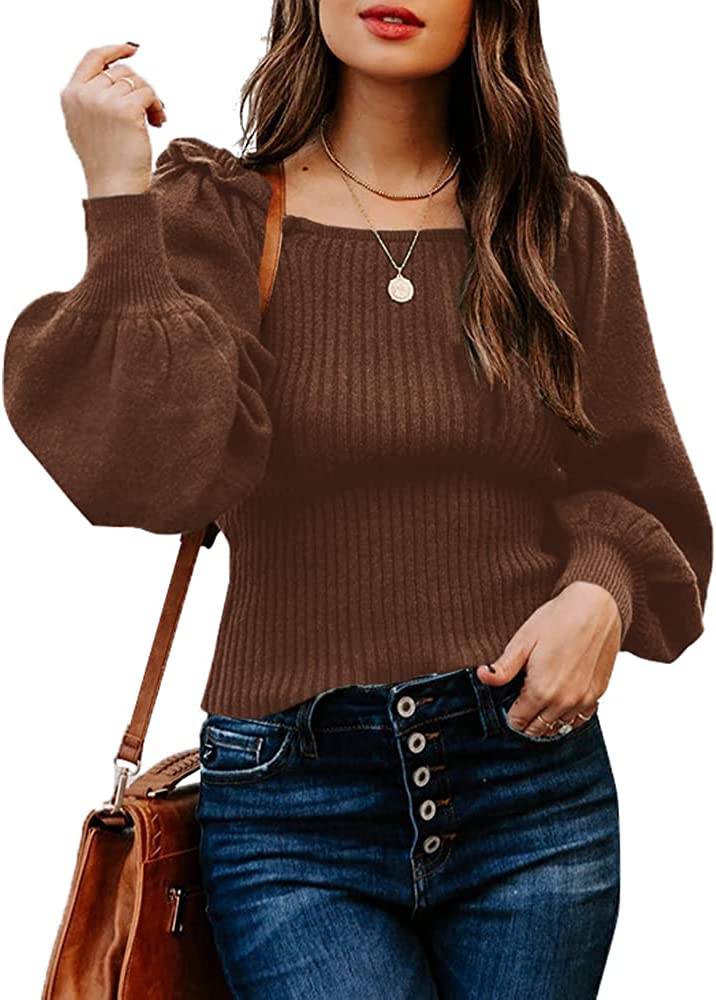 Sweaters Casual Long Lantern Sleeve Square Neck Ruffle Knit Pullovers Tops