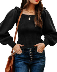 Sweaters Casual Long Lantern Sleeve Square Neck Ruffle Knit Pullovers Tops
