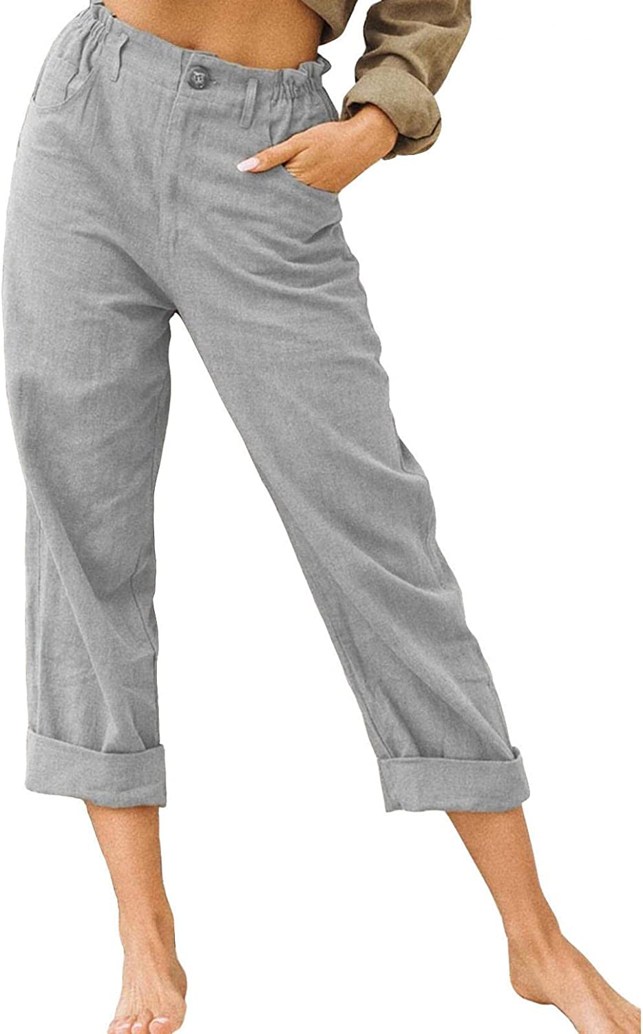Beach Linen Shorts 3/4 Sweatpants Capri Pants Elastic Waist Cropped Harem Pants
