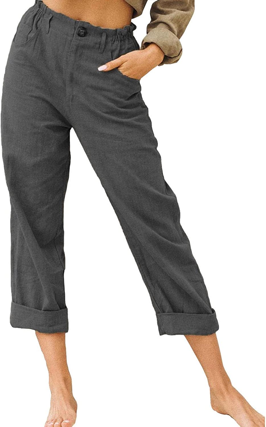 Beach Linen Shorts 3/4 Sweatpants Capri Pants Elastic Waist Cropped Harem Pants