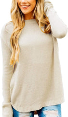 WomenLong Sleeve Oversized Crew Neck Solid Color Knit Pullover Sweater Tops