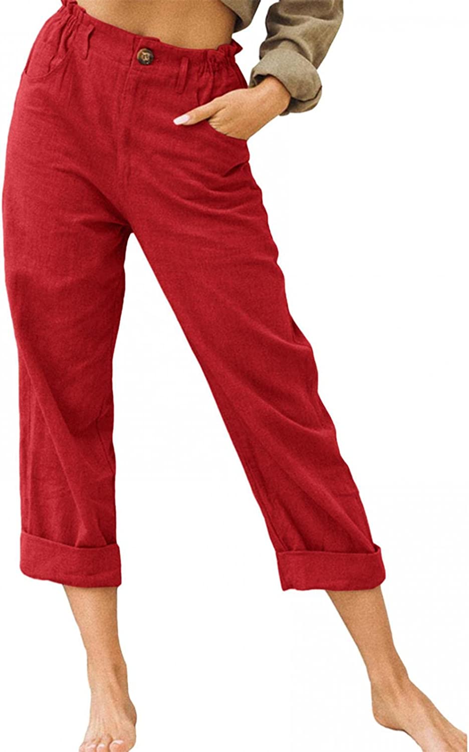 Beach Linen Shorts 3/4 Sweatpants Capri Pants Elastic Waist Cropped Harem Pants