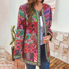 Ethnic Floral Print Long Sleeve Loose Jacket Coat Loose Outerwear Chic Cardigan