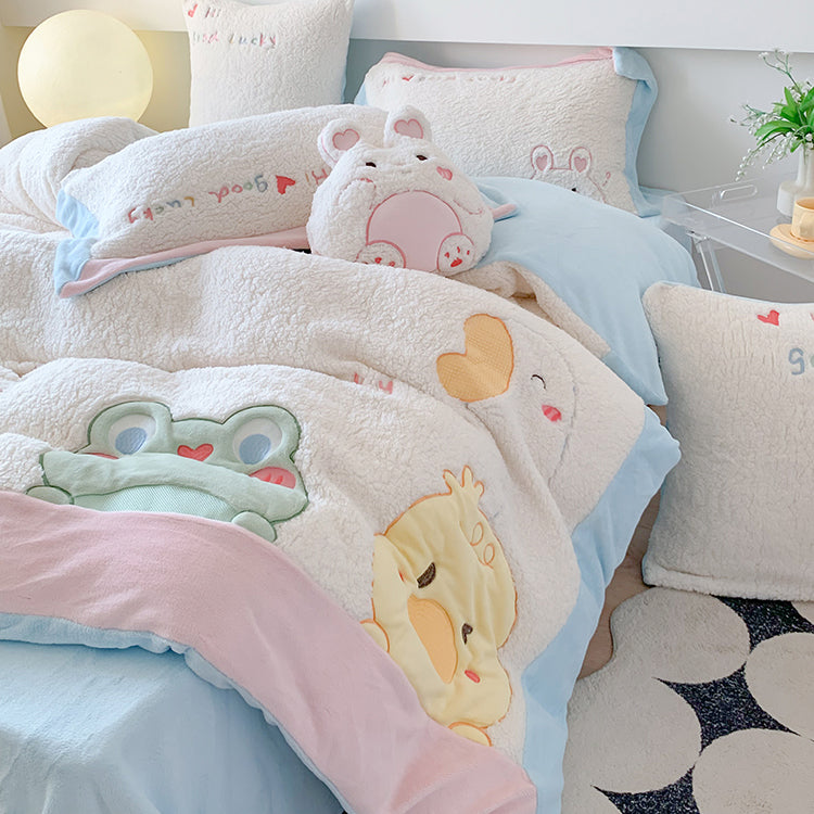 Cute Cartoon Animal Embroidery Lamb Fleece Duvet Cover Set
