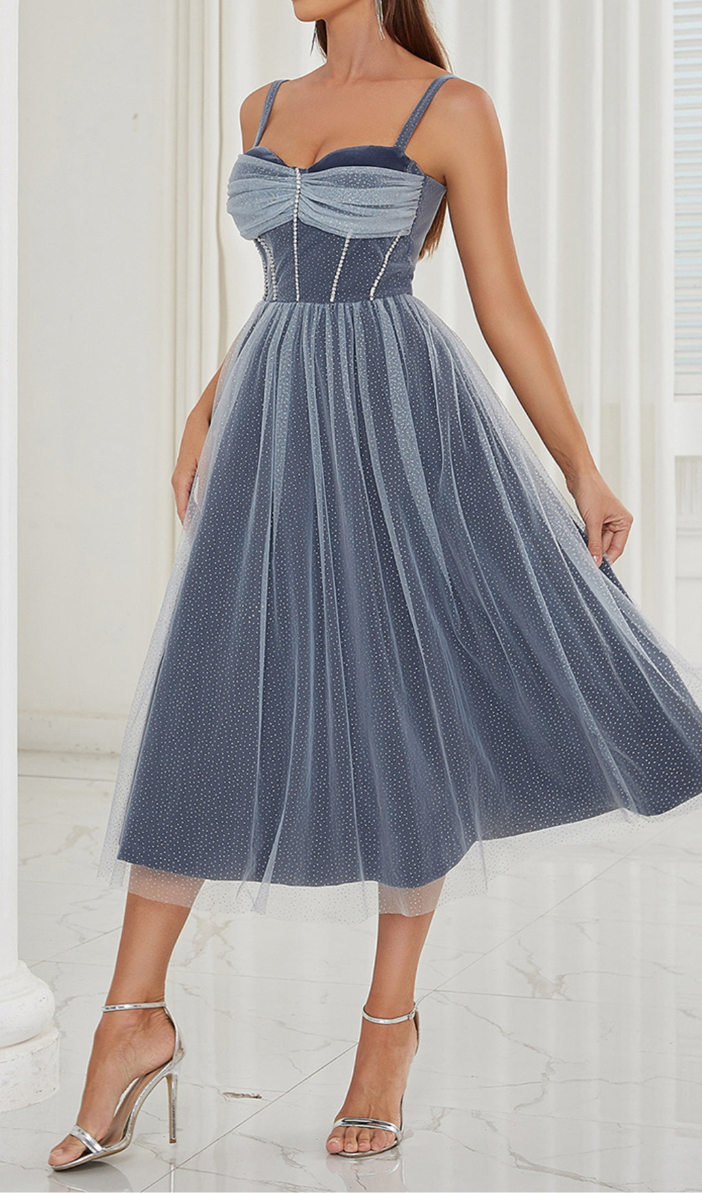 RUCHED BUST RHINESTONE MESH CAMI DRESS