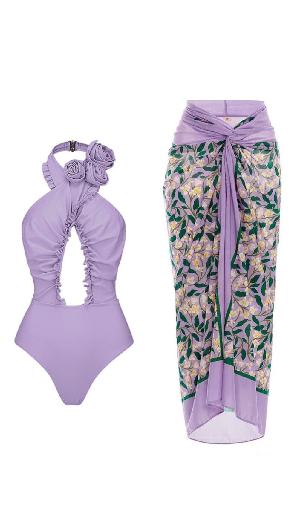 PURPLE HALTER 3D FLOWER ONE PIECE SWIMSUIT AND SARONG