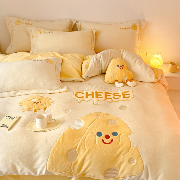 Cute Cartoon Cheese Embroidery Milk Velvet Duvet Cover Set