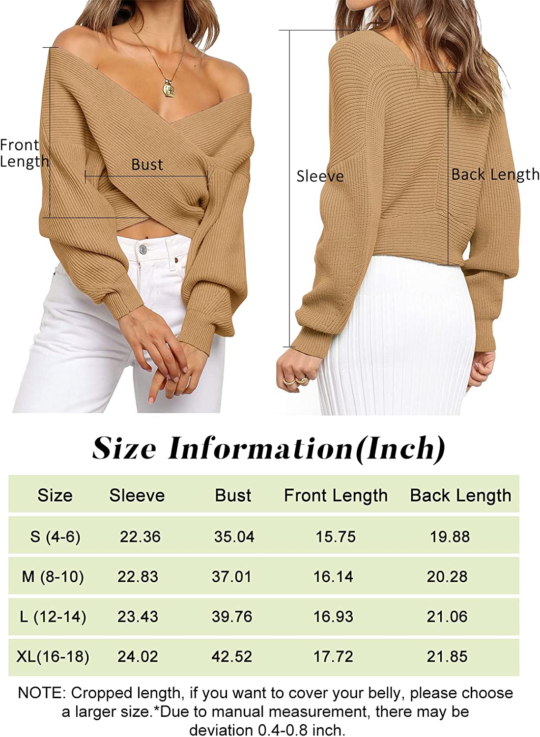 WomenLong Sleeve Wrap Casual Off Shoulder Crop Knitted Pullover Sweater