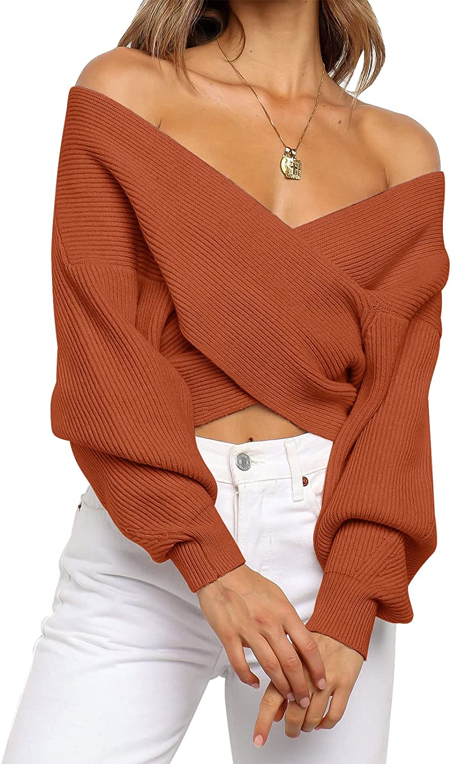 WomenLong Sleeve Wrap Casual Off Shoulder Crop Knitted Pullover Sweater