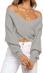 WomenLong Sleeve Wrap Casual Off Shoulder Crop Knitted Pullover Sweater