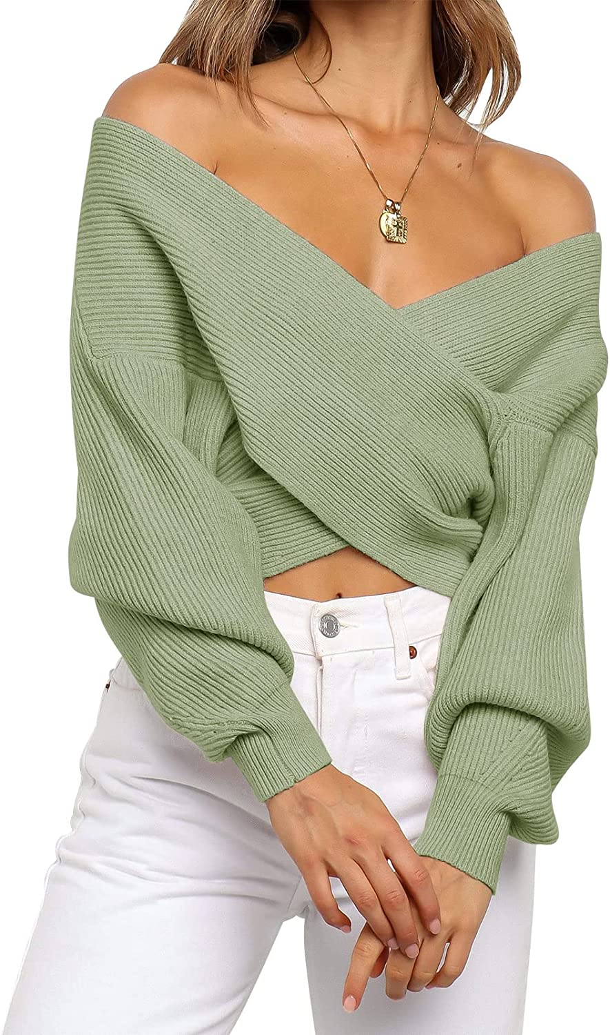 WomenLong Sleeve Wrap Casual Off Shoulder Crop Knitted Pullover Sweater