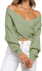 WomenLong Sleeve Wrap Casual Off Shoulder Crop Knitted Pullover Sweater