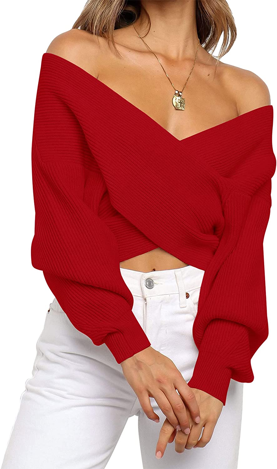 WomenLong Sleeve Wrap Casual Off Shoulder Crop Knitted Pullover Sweater