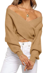 WomenLong Sleeve Wrap Casual Off Shoulder Crop Knitted Pullover Sweater