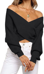 WomenLong Sleeve Wrap Casual Off Shoulder Crop Knitted Pullover Sweater
