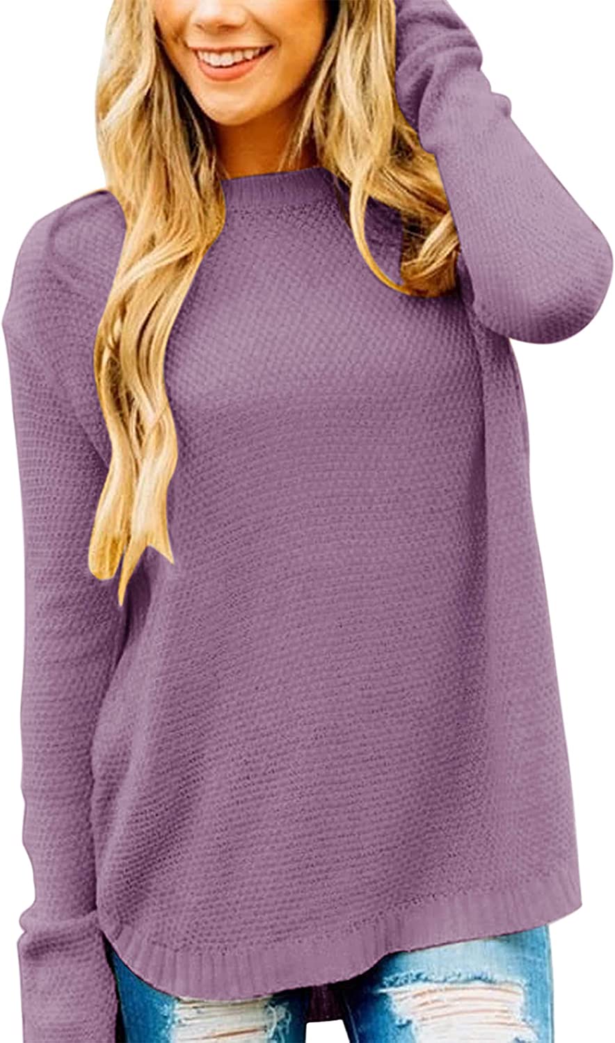 WomenLong Sleeve Oversized Crew Neck Solid Color Knit Pullover Sweater Tops