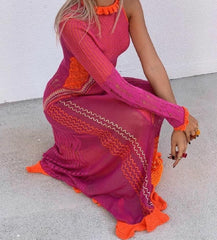 Knitted Hollow Out Tassel Sexy Ruched Halter Boho Dress