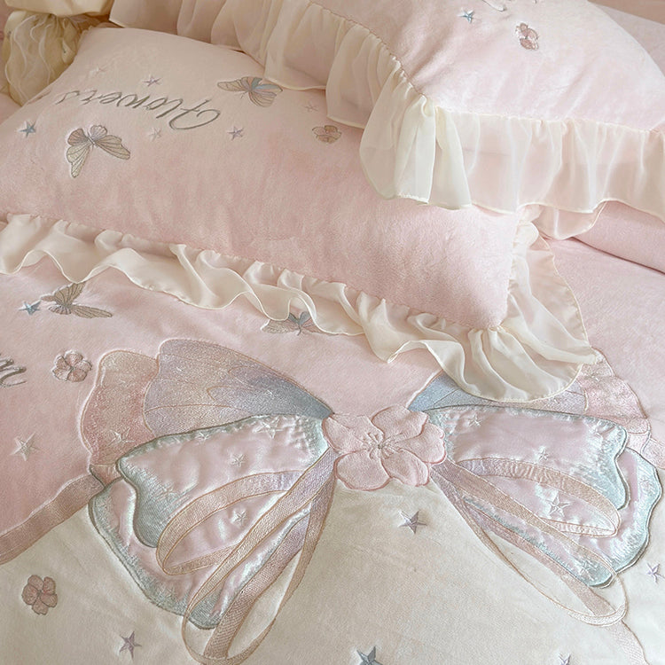 Butterfly Embroidery Milk Velvet Autumn/Winter Duvet Cover Set