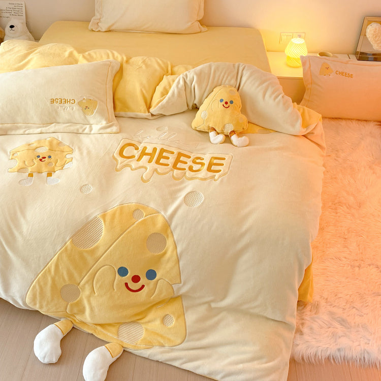 Cute Cartoon Cheese Embroidery Milk Velvet Duvet Cover Set