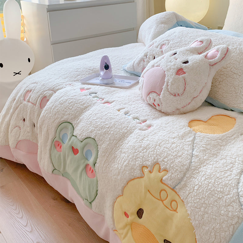 Cute Cartoon Animal Embroidery Lamb Fleece Duvet Cover Set