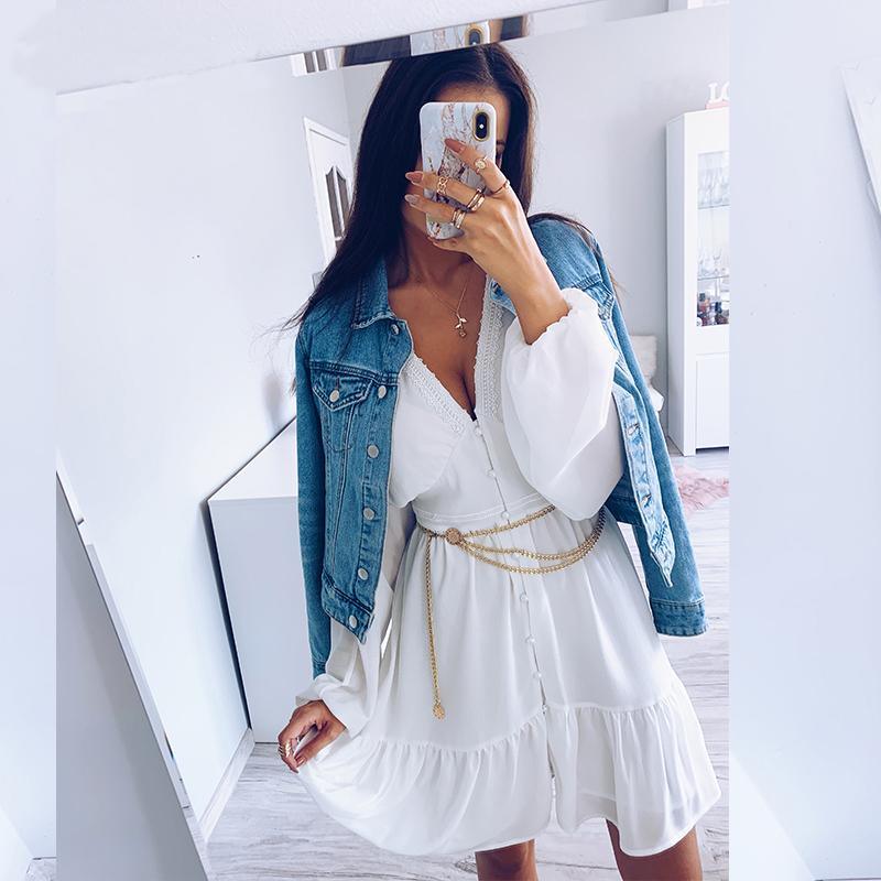 V Neck WomenSpring Summer Dress Lace Long Sleeve Mini Party Dress