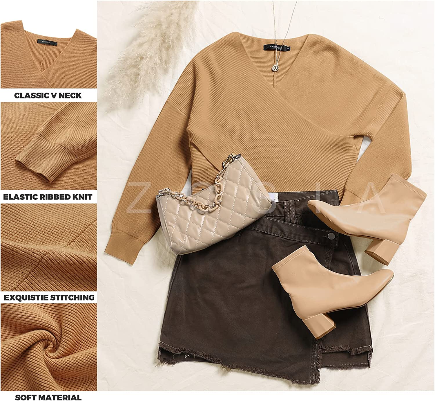 WomenLong Sleeve Wrap Casual Off Shoulder Crop Knitted Pullover Sweater