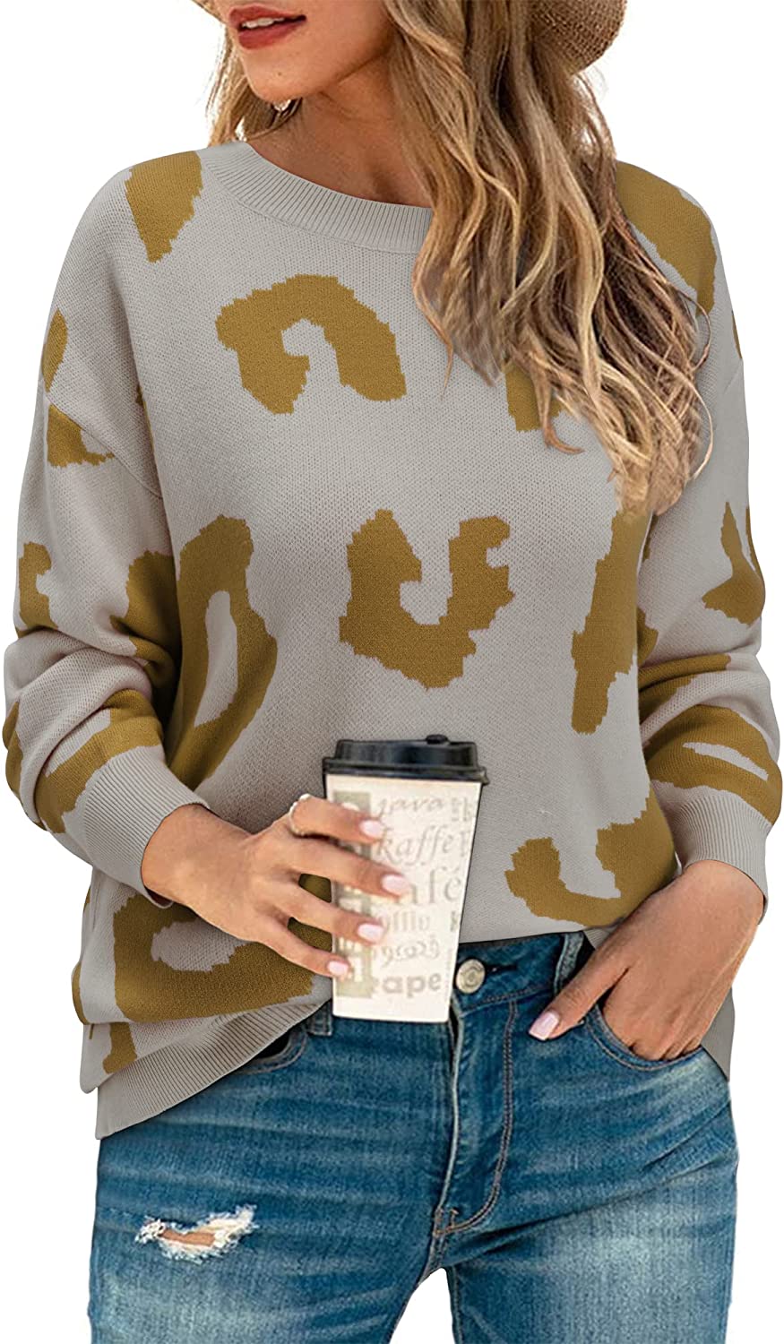 WomenCasual Leopard Print Sweater Loose Long Sleeve Crew
