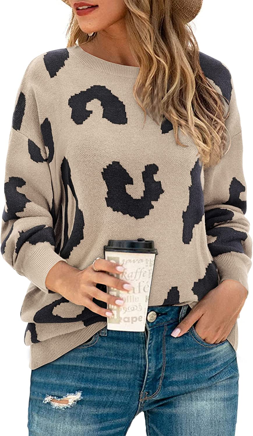 WomenCasual Leopard Print Sweater Loose Long Sleeve Crew