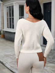 V-Neck Criss Cross Twisted Back Pullover Knitted Crop Sweater