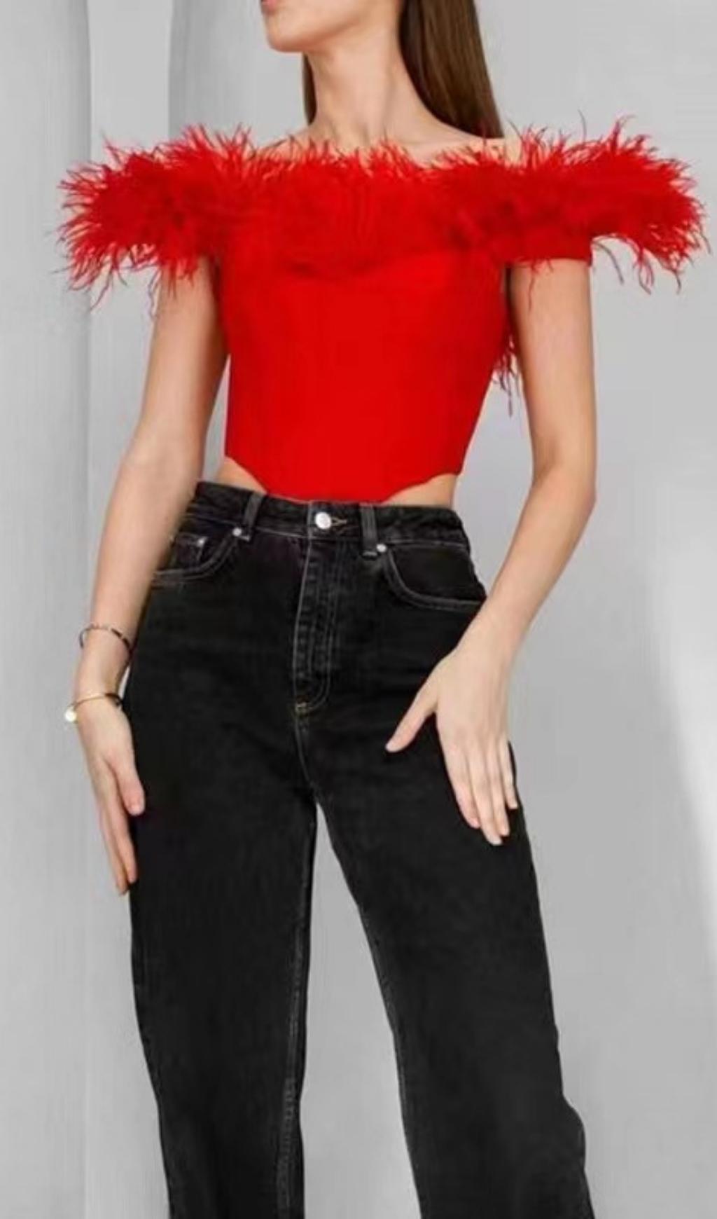 OFF SHOULDER FEATHER CORSET TOP