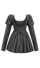 PUFF LONG SLEEVE CRYSTAL CORSET A LINE DRESS IN BLACK