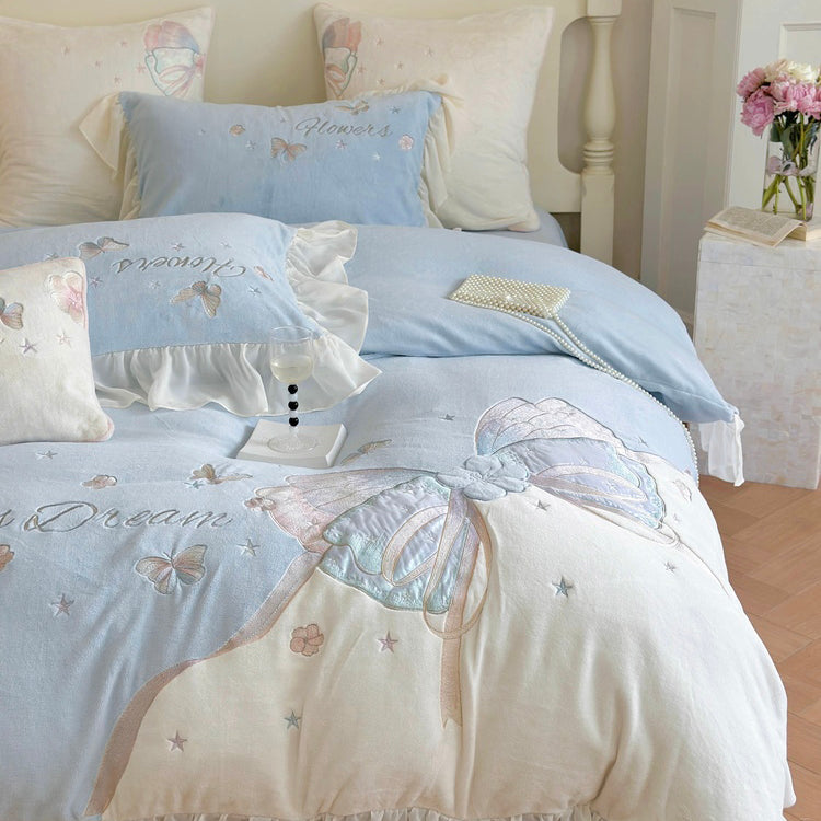 Butterfly Embroidery Milk Velvet Autumn/Winter Duvet Cover Set