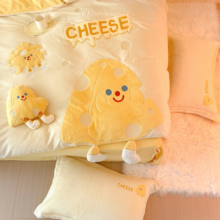 Cute Cartoon Cheese Embroidery Milk Velvet Duvet Cover Set