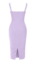 MESH RUCHED MIDI DRESS IN PURPLE