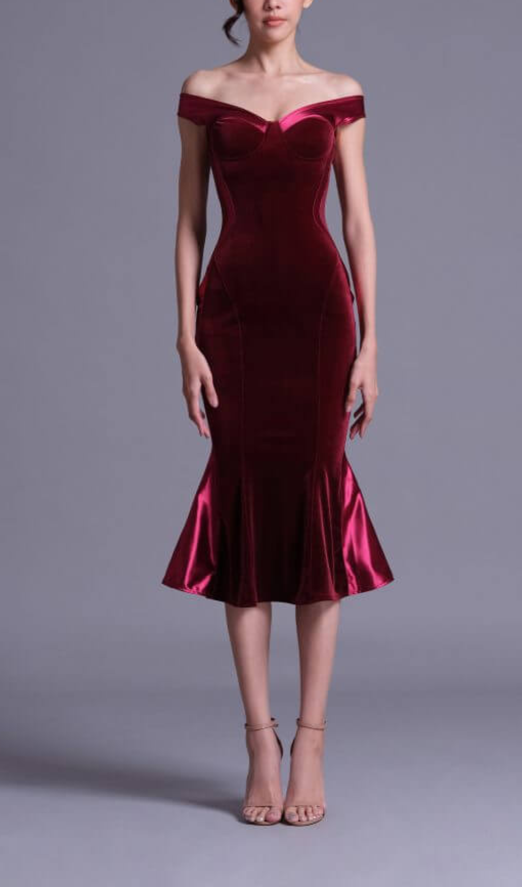 POLYESTER SPANDEX SATIN MIDI DRESS IN BURGUNDY
