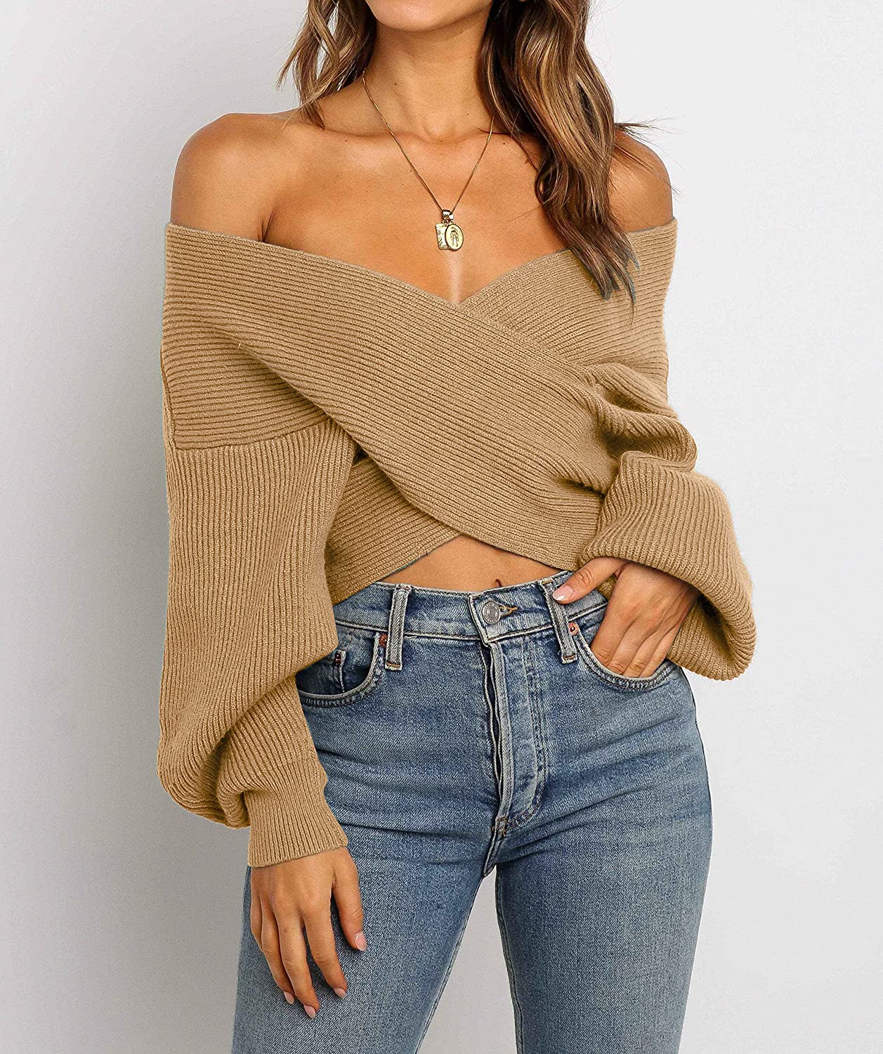 WomenLong Sleeve Wrap Casual Off Shoulder Crop Knitted Pullover Sweater