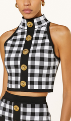 BLACK CHECK-PATTERN CROP TOP