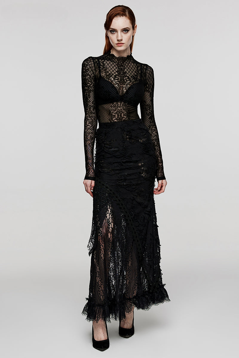 WomenGothic Ripped Knit Lace Long Dark Feel Club Hallowmas Black Skirt