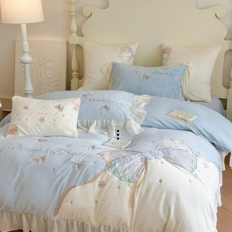 Butterfly Embroidery Milk Velvet Autumn/Winter Duvet Cover Set