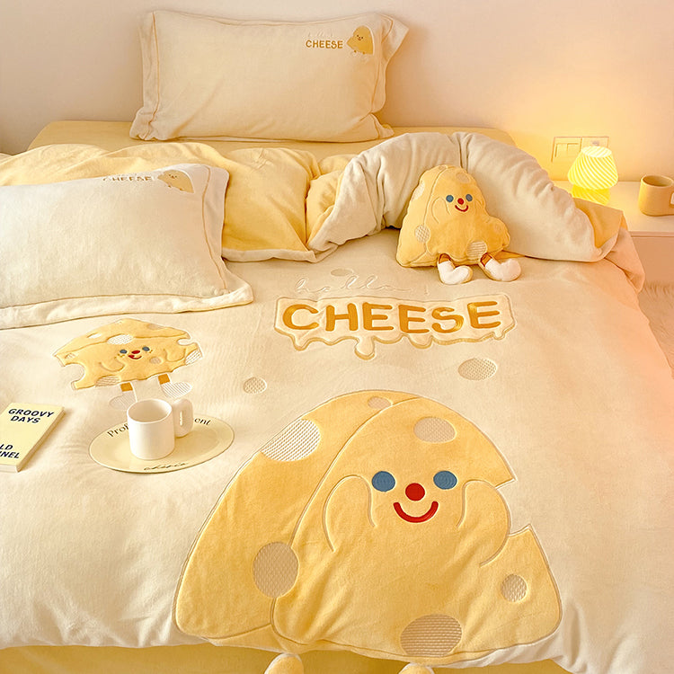 Cute Cartoon Cheese Embroidery Milk Velvet Duvet Cover Set