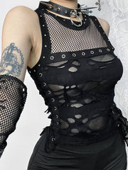 Mall Gothic Sexy Hole See Through Lace-up Streetwear Cyber Punk Rave Fashion Crop Top